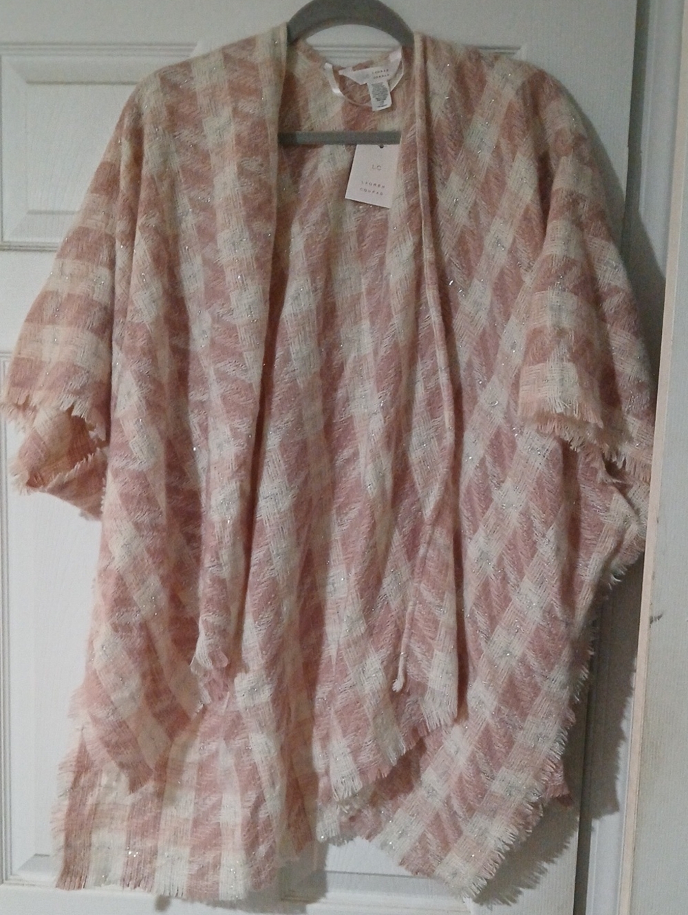LC Lauren Conrad Pink and Cream Plaid Fringe Open-Front Cape